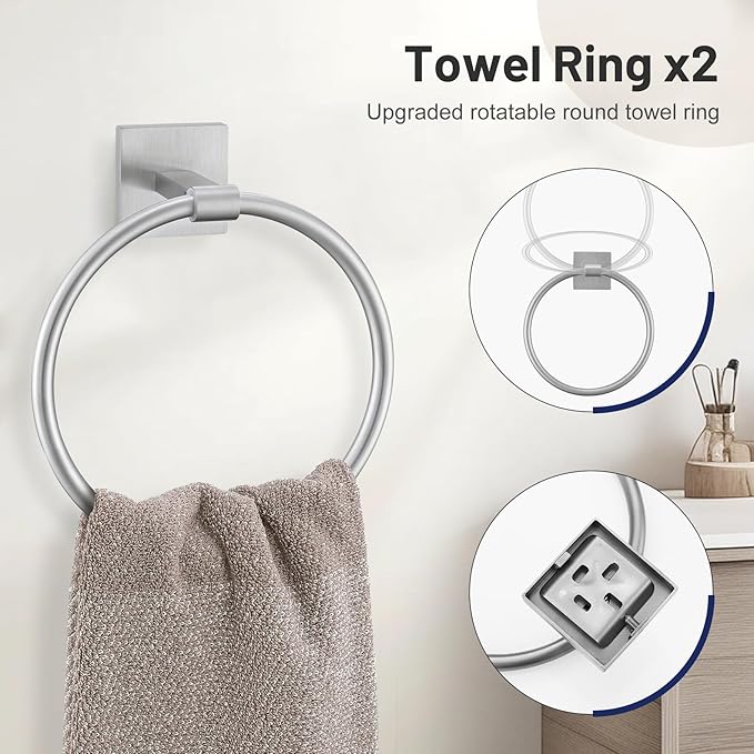 10 Pieces Bathroom Hardware Set Brushed Nickel Towel Bar Set Includes 23.6” Towel Bar, Towel Ring Holder, Toilet Paper Holder and Two Towel Hooks, Bathroom Accessories Set SUS304 Wall Mounted
