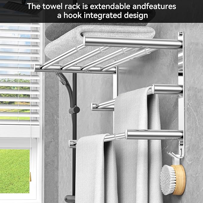 Adjustable Towel Bar for Bathroom Wall Mount17-30.7inch Adhesive Shower Towel Rack Stainless Steel Bath Towel Holders for Toilet Kitchen Double Towel Hanger (3-Layer Towel Rack)