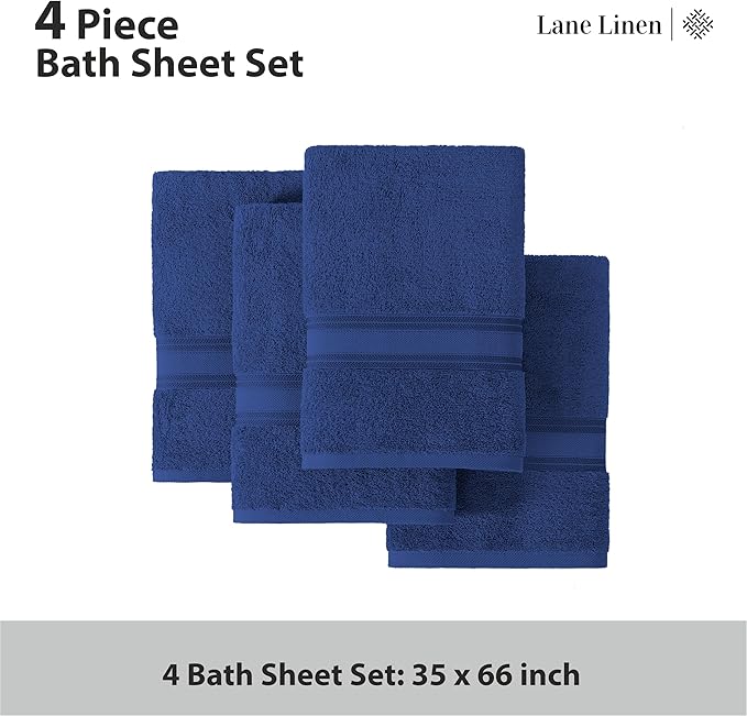 LANE LINEN 100% Cotton 4 Pack Bath Sheets Set (35"x66") - Zero Twist Cotton Extra Large Bath Towels Set - Quick Dry, Soft & Absorbent Oversized Towel Sets - Dorm Essentials for Boys - Navy Blue