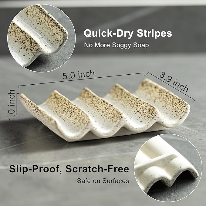 Soap Dish for Shower, Self Draining Bar Soap Holder for Shower, Ceramic Bathroom Soap Saver with Fluted Design, Suitable for Soap Bar, Sponge