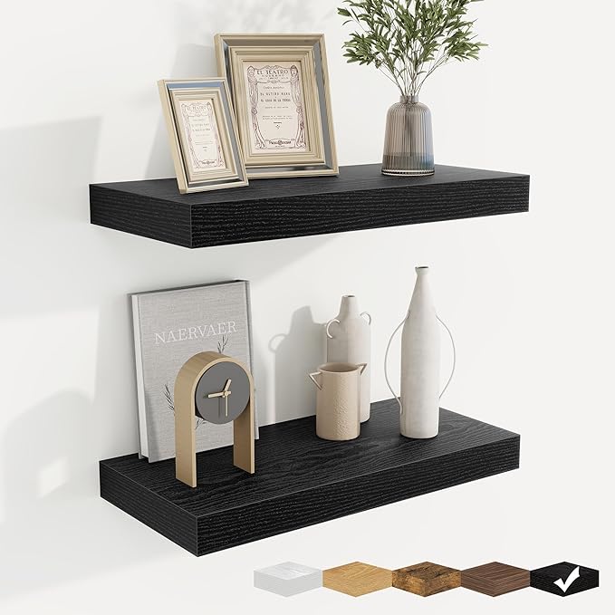 fuqing Floating Shelves for Wall, Wall Mounted Wood Floating Shelf with Invisible Brackets for Living Room, Bathroom, Bedroom, Kitchen Storage and Decor, 16 Inch Set of 2, Black