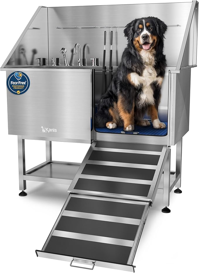 KANIS Professional Dog Washing Station - 304 Stainless Steel Pet Wash Sink & Grooming Bathtub w/Shower, Floor Grates and Storage for Large, Medium & Small Pets (50", Shelf - Right Ramp)