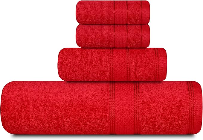 Casa Lino 4 Piece Bath Towel Set | 1 Bath Towel, 2 Wash Cloth, 1 Hand Towels | Bathroom Essentials for New Home, 100% Cotton Luxury Towels, Highly Absorbent Bathroom Set, Red