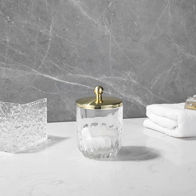 Clear Transparent Apothecary Vertical Wavy Glass Jar With Gold Metal Lid Cover for Bathroom Organization, Cotton Balls, Q Tips, and Small Accessories, Bathroom Storage