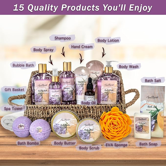 Bath Spa Gift Sets - Luxury Basket With Honey & Lavender - Spa Kit Includes Wash, Bubble Bath, Lotion, Bath Salts, Body Scrub, Body Spray, Shower Puff, Bathbombs, Soap and Towel