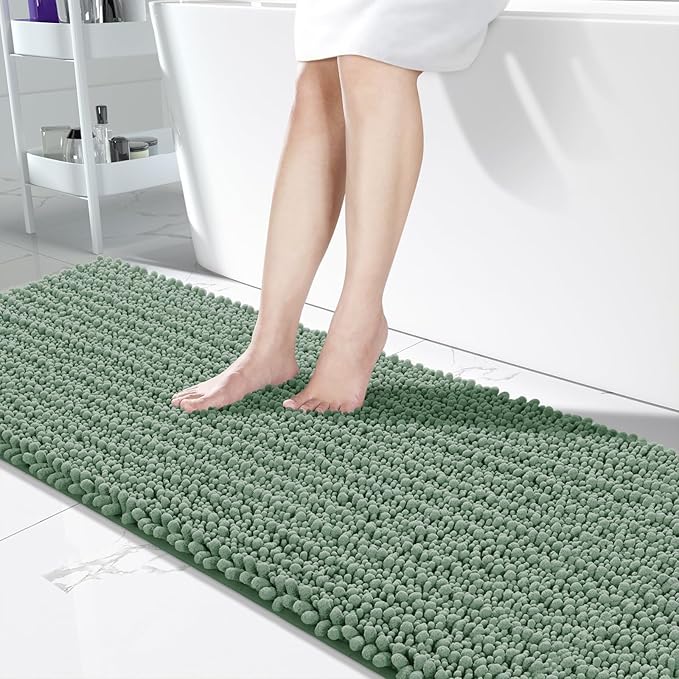 Yimobra Bathroom Runner Rug 70x24 Inch - Extra Long Non Slip Chenille Bath Mat, Soft & Absorbent, Machine Washable Shaggy Hallway Carpet for Vanity Tub Shower, Green Home Decor Accessories