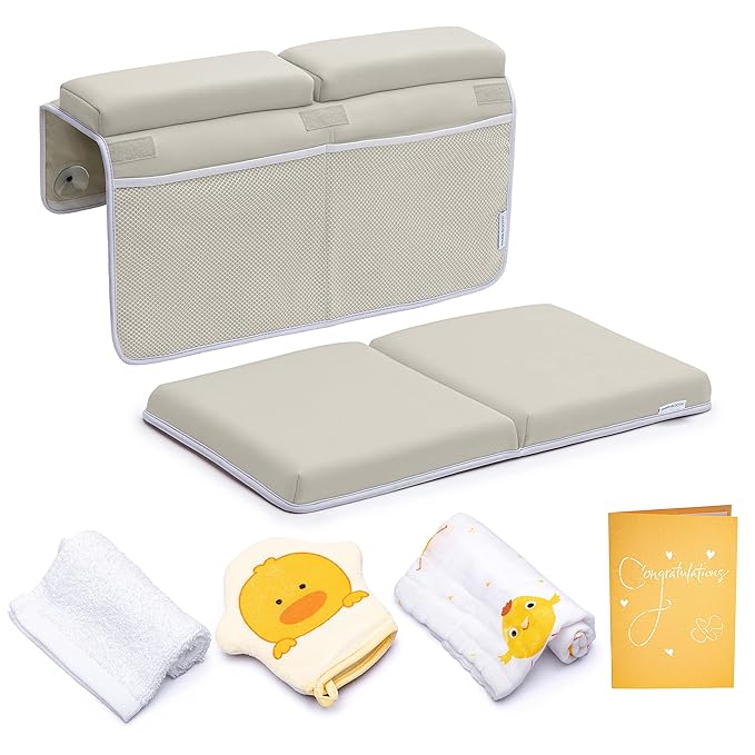 Bath Kneeler with Elbow Rest Pad Set, 1.75 inch Thick Kneeling Pad and Elbow Support for Knee Arm Support, Large Bathtub Kneeling Mat with Toy Organizer for Happy Baby Bathing Time, Beige