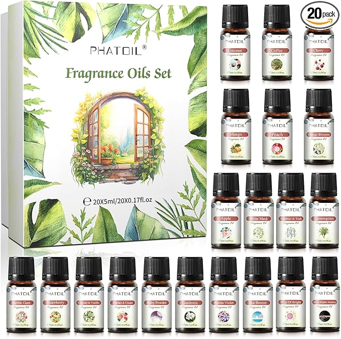 PHATOIL Coconut 20 Pcs Fragrance Oil Set, Premium Fragrance Oil, for Humidifier, DIY Candle & Soap Making Scent, Aromatherapy Diffuser Oils Set (5ML)