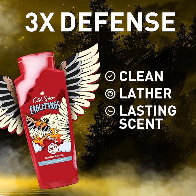 Old Spice Cleansing Body Wash for Men, 3X Defense, 24/7 Shower Fresh with Lasting Scent, 2-in-1 Body & Face Wash, Eaglefangs with Fresh Cloud Scent, 24 oz (Pack of 4)