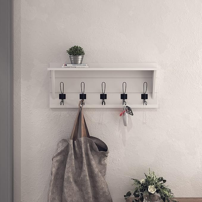 HBCY Creations 24" Wall Mounted Storage Rack - Pine Wood Construction - Solid White Finish - Upper Storage Shelf - 5 Hooks - Ideal for Entryway, Kitchen, Bathroom