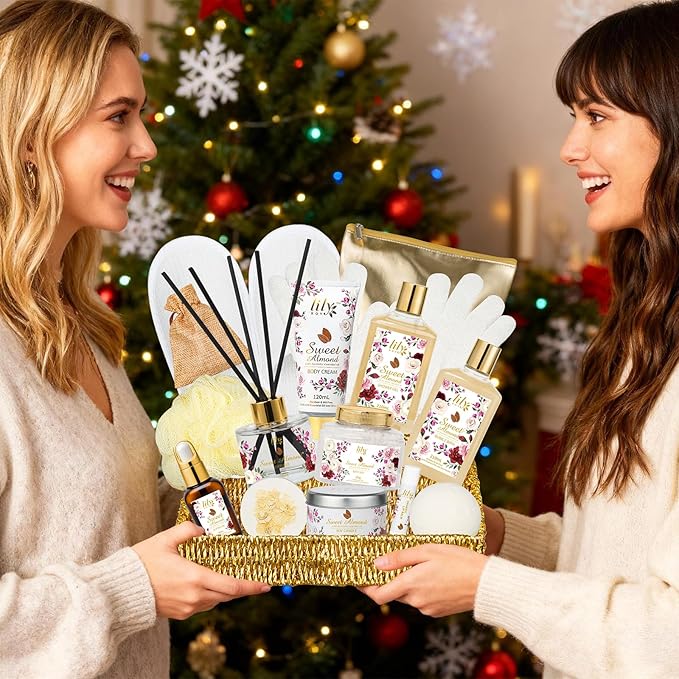 Christmas Spa Gift Basket Set for Women 17-Piece Almond Luxury Spa Gift Set Bath & Body Care Kit with Shower Gel, Body Cream | Valentine's, Mothers Day Gifts for Mom, Birthday Gifts for Her, Wife, Mom