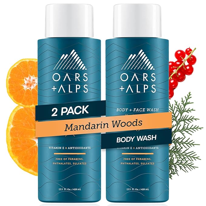 Oars + Alps Mens Moisturizing Body and Face Wash, Skin Care Infused with Vitamin E and Antioxidants, Sulfate Free, Mandarin Woods, 13.5oz, 2 Pack