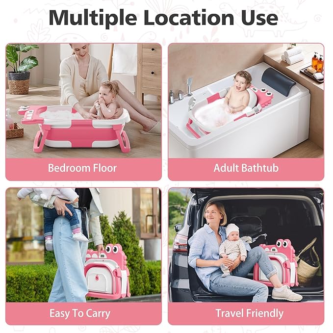 TPN Collapsible Baby Bathtub, Baby Bath Tub with Soft Cushion & Real-Time Thermometer, Baby Bathtub Infant to Toddler Tub (0-36 Months), Portable Travel Baby Tubs for Newborns (Pink)