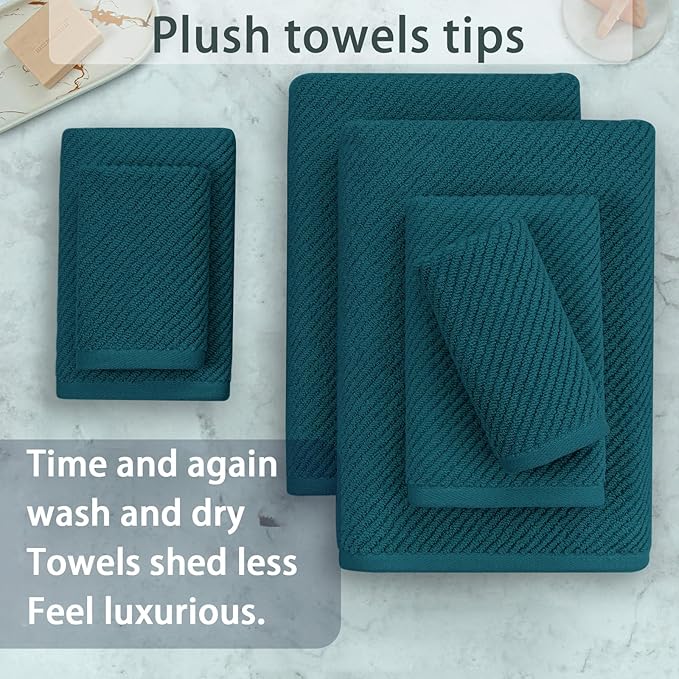 Bathroom Towels, 6 Piece Towel Set - Cotton | Soft | Quick Dry | Thick | Lightweight, 2 Large Bath 30"x56", 2 Hand 18"x28", 2 Washcloths 13"x13", Guest Towel Set, Deep Turquoise Gift Towel, Dark Teal