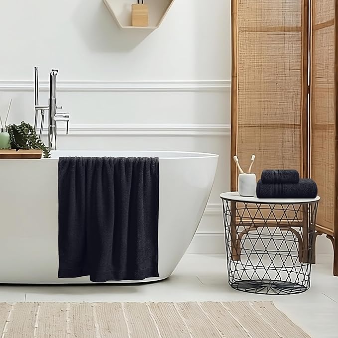 Belizzi Home Ultra Soft 3 Pack Cotton Towel Set, Contains a Bath Towel 28x55 inch, a Hand Towel 16x24 inch & a Wash Coth 12x12 inch, Ideal Everyday use, Compact & Lightweight - Black