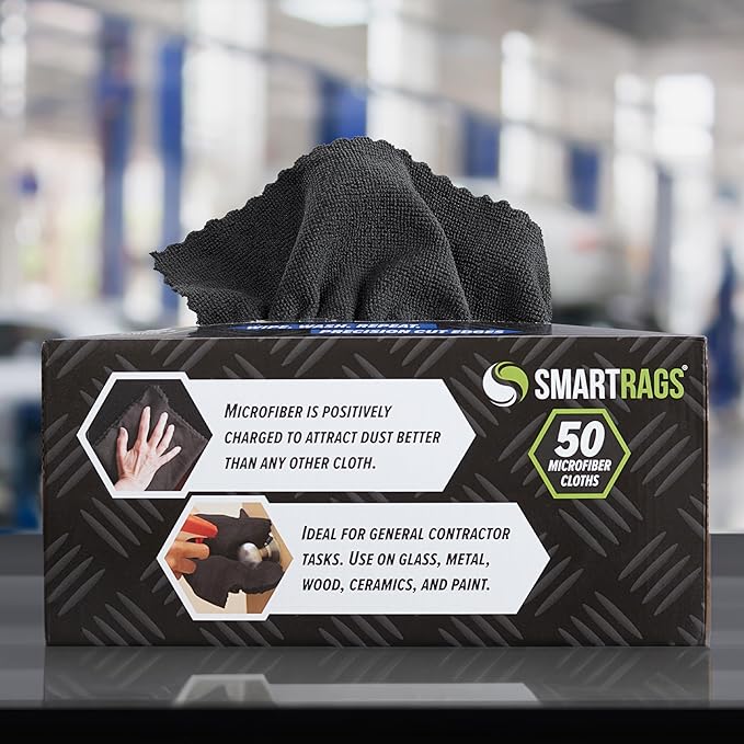 Arkwright Smart Rags in Box - (Pack of 50) Lint Free Microfiber Cleaning Cloth, Scratch & Streak-Free, Dispensable Wash Towels for Cars, Window Glass, and Auto Shop, 12 x 12 in, Black