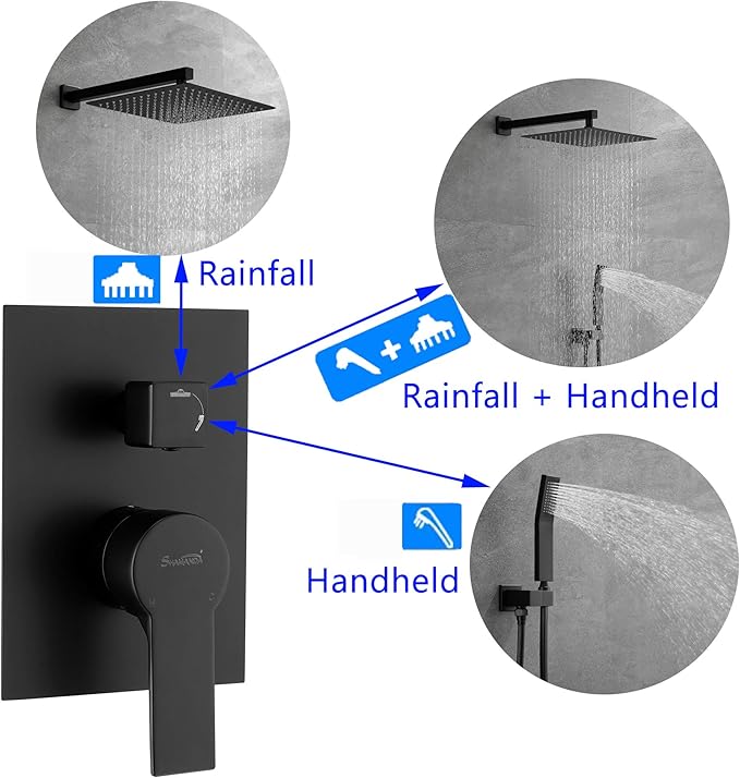 SHAMANDA Brass Rainfall Shower System, Luxuly Bathroom Shower Faucet Combo Set Matte Black (Including Rough-In Valve Body and Trim), L7001-7