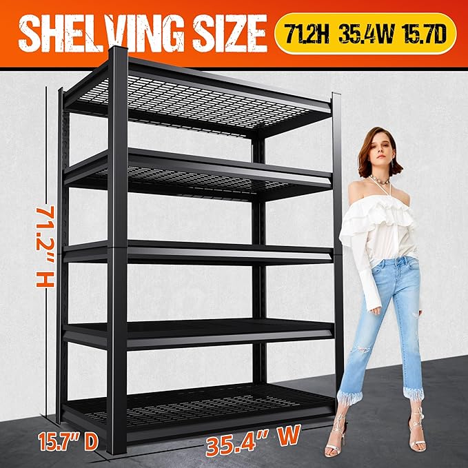 5-Tier Garage Shelving Heavy Duty Storage Shelves, Adjustable Metal Shelving Unit, Utility Garage Organizer Shelf for Basement, Pantry, Warehouse, Supermarket, 35.4" W x 15.7" D x 71.2" H