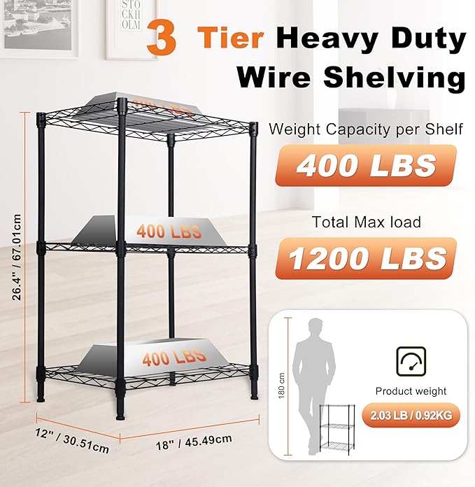 Whitmor 3 Tier Storage Shelves, Heavy Duty Metal Shelving, 400 lbs Capacity per Shelf, 1200 lbs Total, Easy Assembly for Kitchen, Garage, Plant, 18" L x 12" W x 26.4" H, Black