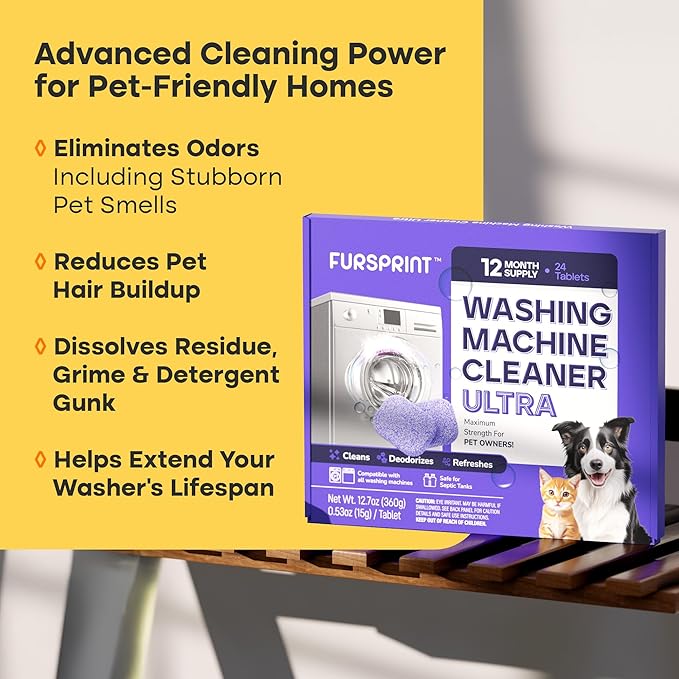 Washing Machine Cleaner Tablets Ultra – 40% Stronger Formula: Designed for Pet Owners, Removes Residue, Grime & Odors, Compatible with HE, Top & Front Load, 24 Pack – 12 Month Supply