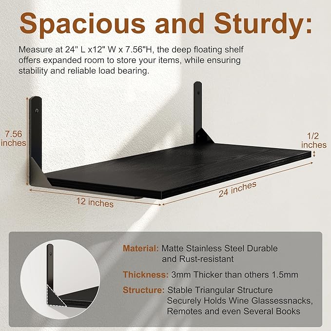 Fun Memories Deep Floating Shelves for Wall, 12 Inch Deep Black Wall Shelf, 24 Inch Long Floating Shelves with Bracket Set of 2, Rustic Deep Storage Shelf for Bedroom, Living Room, Kitchen