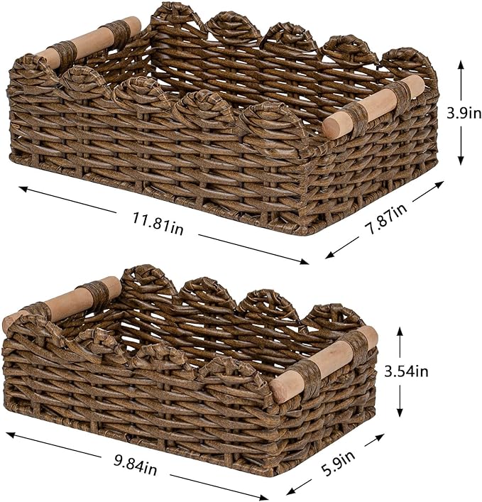 CubesLand PP Wicker Scalloped Edge Floating Shelves Baskets Set 2, Toilet Basket for Over Toilet Storage Shelf, Ending Table, Nightstand Organizing and Home Décor, Rattan Basket Come with Wood Handle