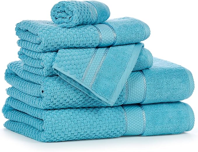 Ample Decor Towels for Bathroom, 6 Pieces Gift Set,100% Cotton Soft Quick Dry, 2 Bath Towels, 2 Hand Towels, 2 Wash Cloths - for Hotel, Spa, Gym - Sky Blue