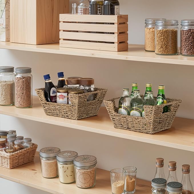 StorageWorks Small Pantry Baskets for Patato and Onion Storage, Wicker Baskets for Organizing with Built-in Handles, Seagrass Pantry Organizers and Storage for Shelves, Countertop, 2 Pack