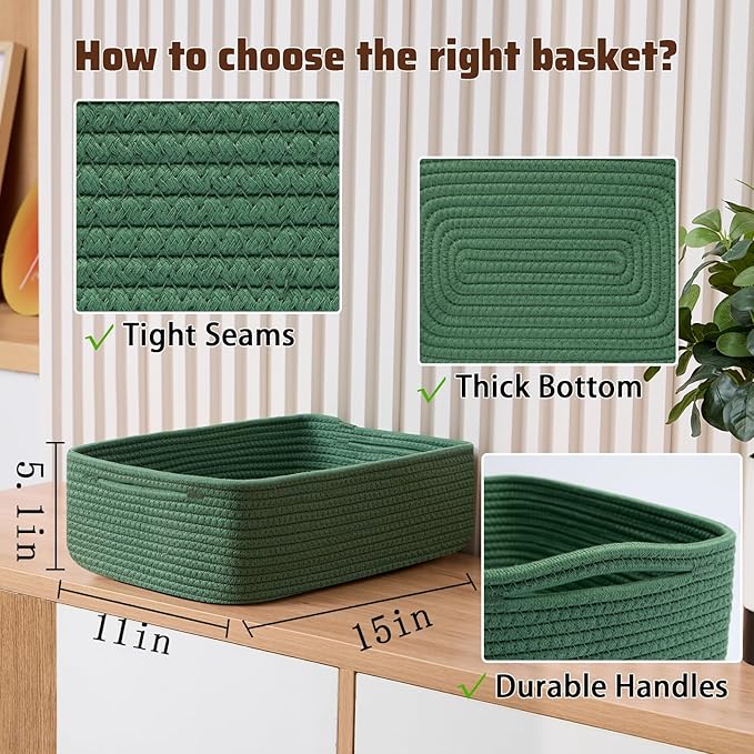 Large Shallow Organizing Baskets 15x11x5.1 Inches - Rope Woven Storage Bins for Bathroom, Shelves, Cube Closet, Green 2 Packs