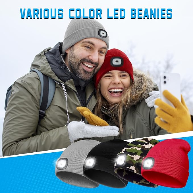 Christmas Stocking Stuffers for Men Adults, Beanie Hats with Light, USB Rechargeable LED Hand Free Headlamp, Birthday Gifts for Men, Women, and Teens, Ideal for Camping, Hiking, Red