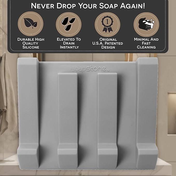 Silicone Soap Dish (USA Patented) Self Draining Bar Soap Holder for Shower Bathroom Sink, Drying Soap Dish Tray Kitchen Sponge Holder Easy Cleaning Soap Saver Mat (Light Grey, 1)