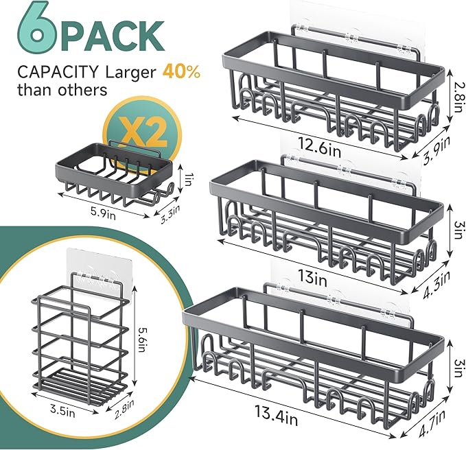 Veken Rustproof & Waterproof Shower Caddy 6-Pack, No Drilling Adhesive Shelves Rack with Soap Holder, Large Capacity Bathroom Organizers and Storage, Wall-Mounted Kitchen & Home Decor, Dark Grey