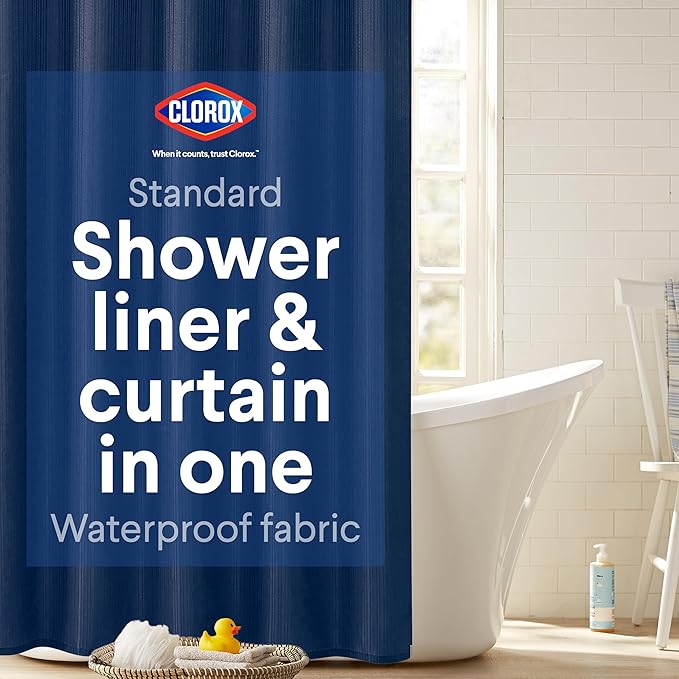 Clorox 2-in-1 Bathroom Shower Curtain Liner, Durable Fabric, Weighted Magnets for Bath Water Control, Washable Premium Quality, Modern - 72" x 72" Blue