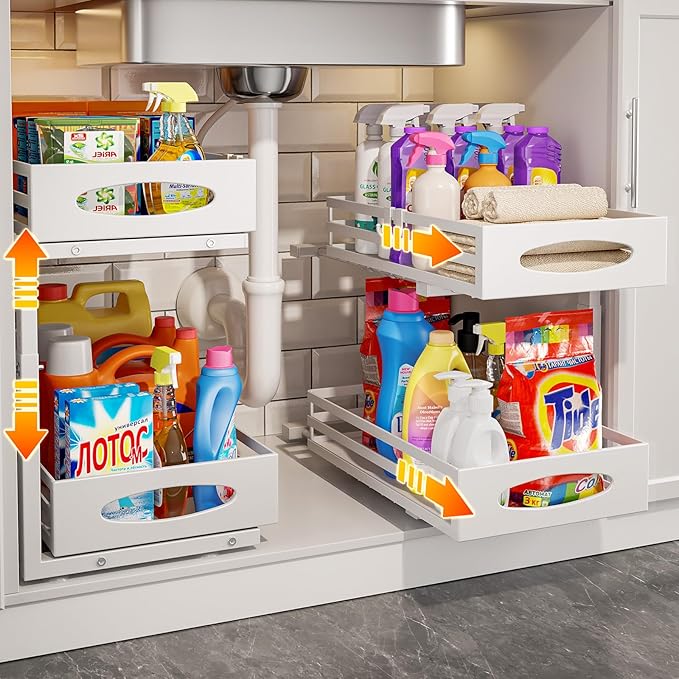 Under Sink Organizer, 2 Tier Under Sink Organizers and Storage, Adjustable Height, Slide out Metal Cabinet Organizers, Pull out Cabinet Storage Drawer Shelf for Kitchen Bathroom