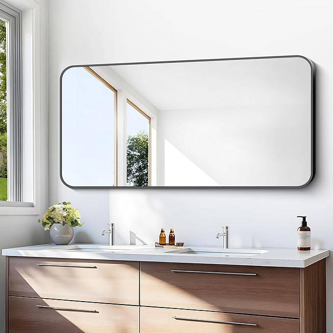 BONEWEI 24x48 inch Bathroom Mirror,Black Rectangle Mirror,Wall Mounted Bathroom Frame Vanity Mirror with Round Corner for Bedroom Living Room, Entryway Hangs Horizontal or Vertical