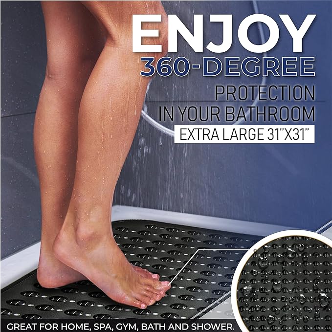 ENKOSI Extra Large Square Non Slip Shower Mat - 31 x 31-inch XL Bathroom Shower Mat - Square Shower Matts for Shower Stall Floors | Secure Suction Cups and Drain Holes (31x31 White)