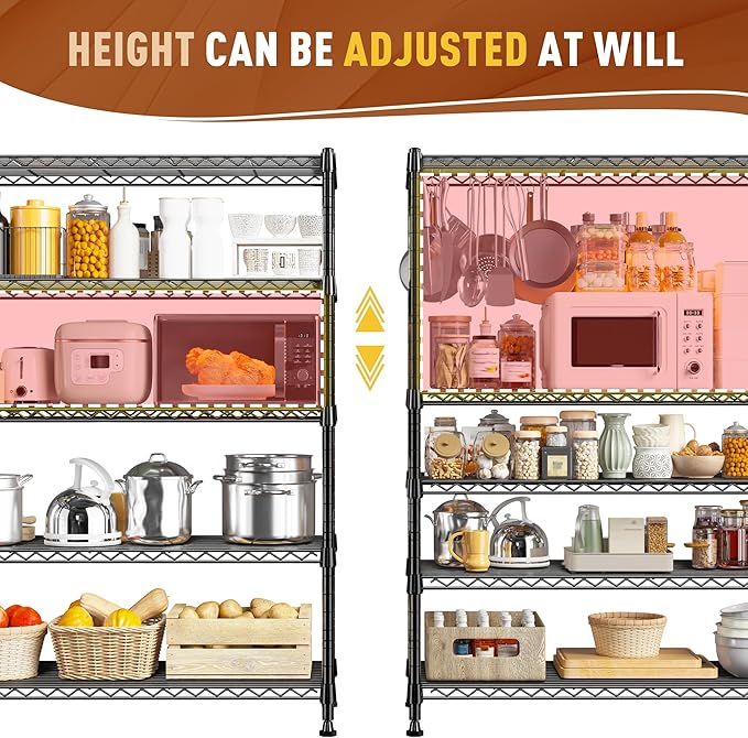 REIBII 5-Tier Wire Shelving Rack Storage Shelves Metal Shelves,1020 LBS Adjustable Heavy Duty Metal Shelving Units and Storage for Garage Pantry Bathroom 29" W X 14" D X 63" H