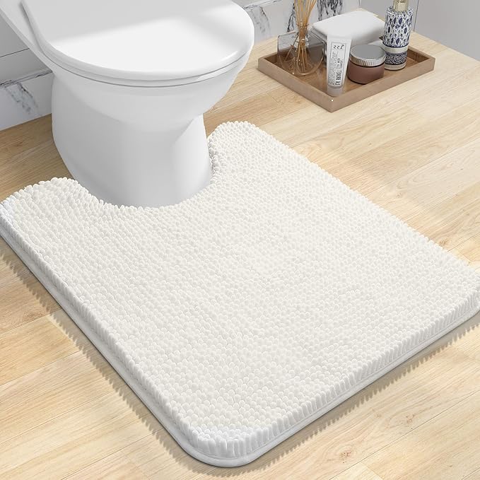 OLANLY Toilet Rugs U-Shaped 24x20, Extra Soft Absorbent Chenille Contour Bathroom Rugs for Toilet, Dry Quickly, Machine Washable, Non-Slip Bath Mat, Ivory