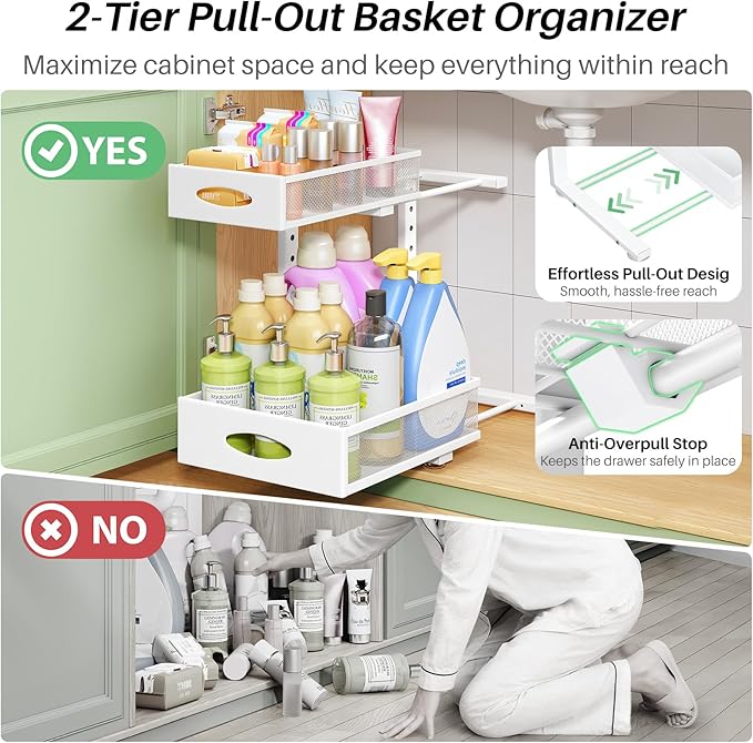 Under Sink Organizer, 2-Pack Pull Out Cabinet Organizer 2 Tier Metal Slide Out Storage Shelf Rack, L-Shaped Adjustable Height,Mesh Sliding Drawer for Kitchen, Bathroom, Laundry, Pantry, White, XL