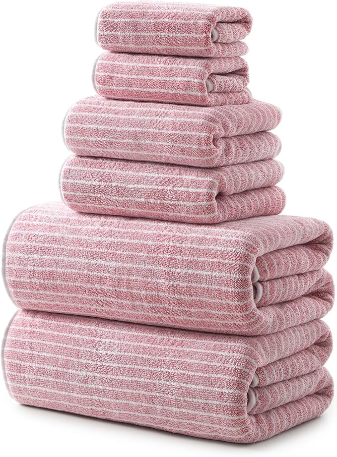 REDKISS Ultra Soft Bath Towels Set of 6 Large 35"x70" | 100% Microfiber, Highly Absorbent & Quick Dry | Pink Towels for Bathroom, Spa, Gym | 2 Bath, 2 Hand, 2 Washcloths