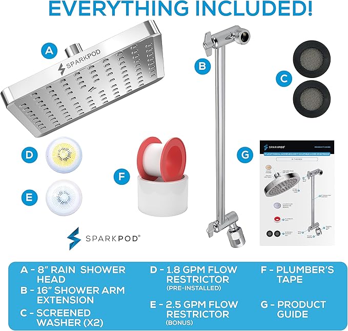 SparkPod Square Rain Shower Head with Extension Arm - Height Adjustable Shower Head with High Pressure Performance - Easy 1-Minute Installation (16" Arm Extension, Luxury Polished Chrome)