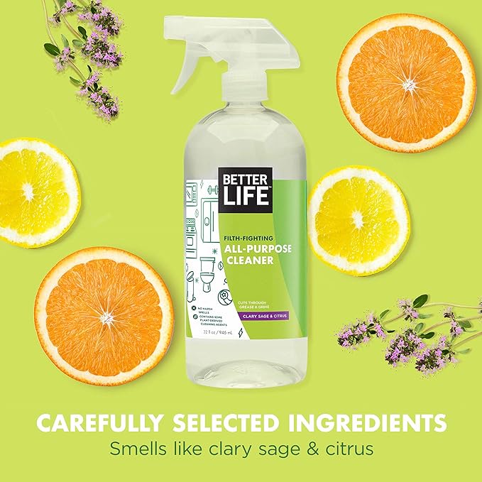 Better Life All Purpose Cleaner - Multipurpose Home and Kitchen Cleaning Spray for Glass, Countertops, Appliances, Upholstery & More - Multi-surface Spray Cleaner - 32oz (Pack of 2) Clary Sage/Citrus