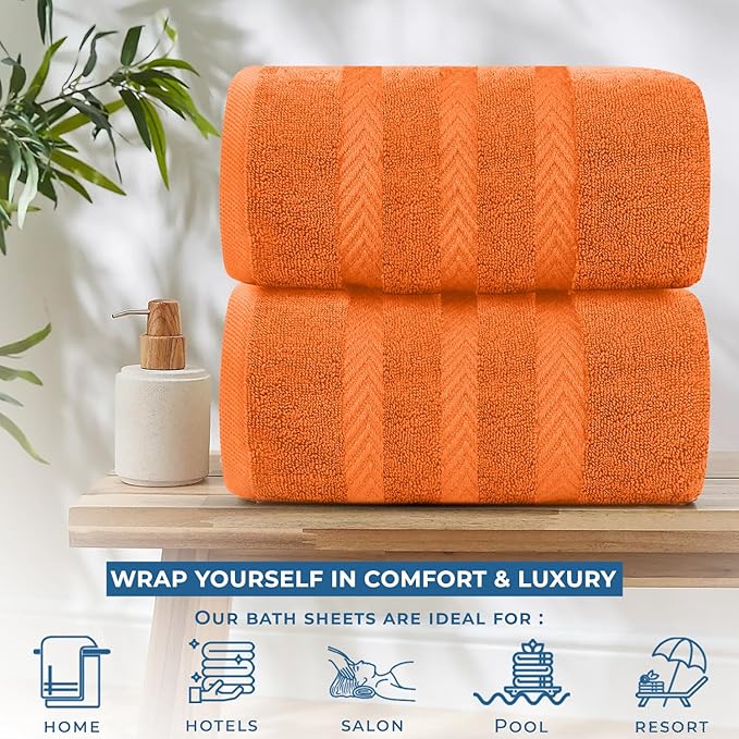 DAN RIVER 2 Pack Luxury Bath Sheets 35x70, 600 GSM, Soft & Quick Dry 100% Ring Spun Cotton Towels Ideal for Hotels, Spas, Gyms & Salons Extra Large, Orange