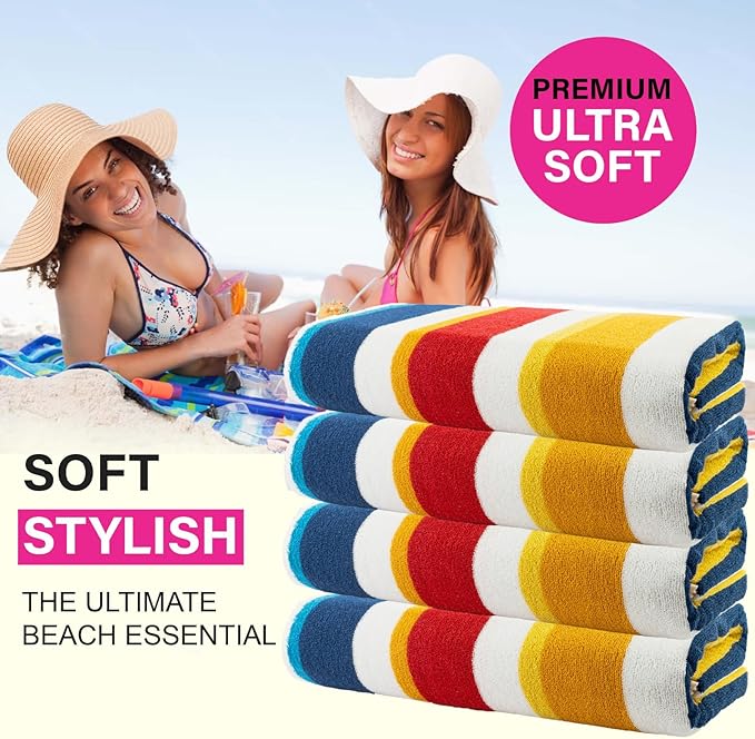 CASA COPENHAGEN Bora Bora Beach Towels Designed in Denmark Rough and Tough, Quick Dry, for Pool, Bath & Shower 30x60 inches 4 Pieces Cotton Beach Bath Towels Set - Yellow