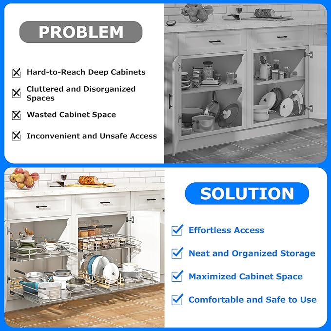 WelFurGeer 2-Tier Kitchen Cabinet Pullout Shelf and Drawer Organizer, Soft Close Pantry Pull Out Shelves, Heavy Duty Pull Out Cabinet Organizer with Shelf Liner for Kitchen Cabinets, Pantry Storage