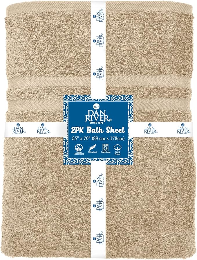 DAN RIVER 2 Pack Luxury Bath Sheets 35x70, 600 GSM, Soft & Quick Dry 100% Ring Spun Cotton Towels Ideal for Hotels, Spas, Gyms & Salons Extra Large, Tan