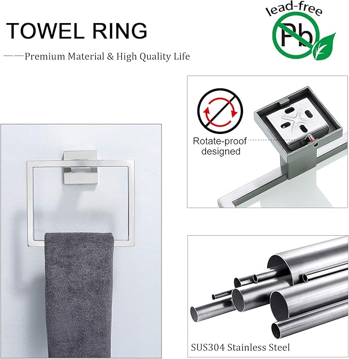 TNOMS Bathroom Towel Bar Set 5 Pieces Brushed Nickel Square Modern Bathroom Hardware Set,Stainless Steel Wall Mounted 23.6-Inch