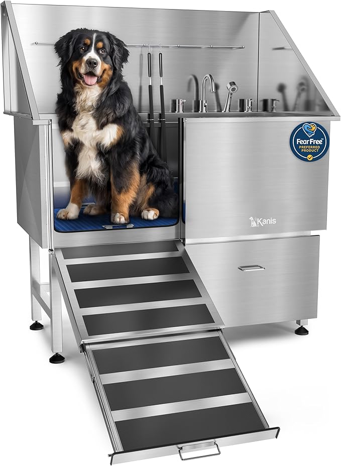 KANIS Professional Dog Washing Station - 304 Stainless Steel Pet Wash Sink & Grooming Bathtub w/Shower, Floor Grates and Storage for Large, Medium & Small Pets (50", 1 Drawer - Left Ramp)
