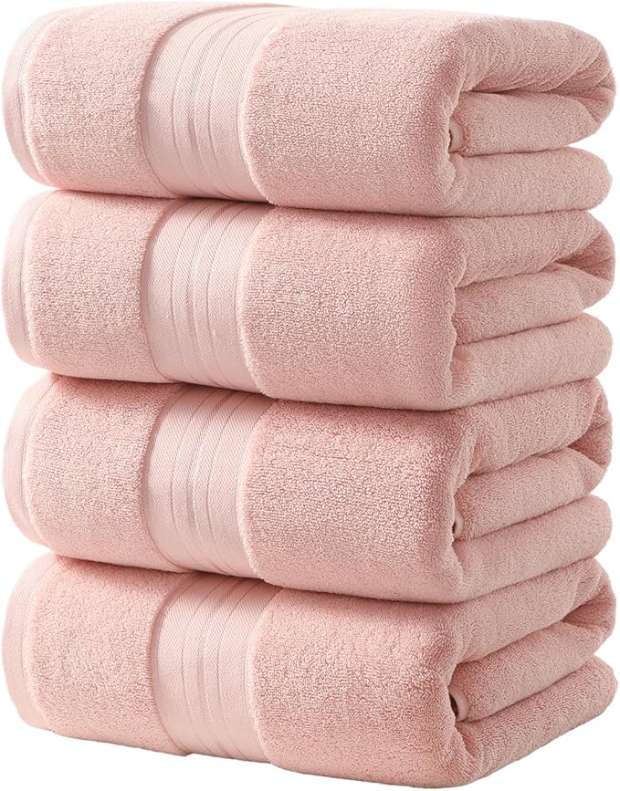 REDKISS Pink Bath Towels Set of 4, Extra Large Bath Sheets 27 X 59 Inches, 100% Cotton, 600 GSM, Quick Dry, Ultra Soft & Super Absorbent Bathroom Towel Sets for Bathroom, Gym, Spa, Pool & Hotel