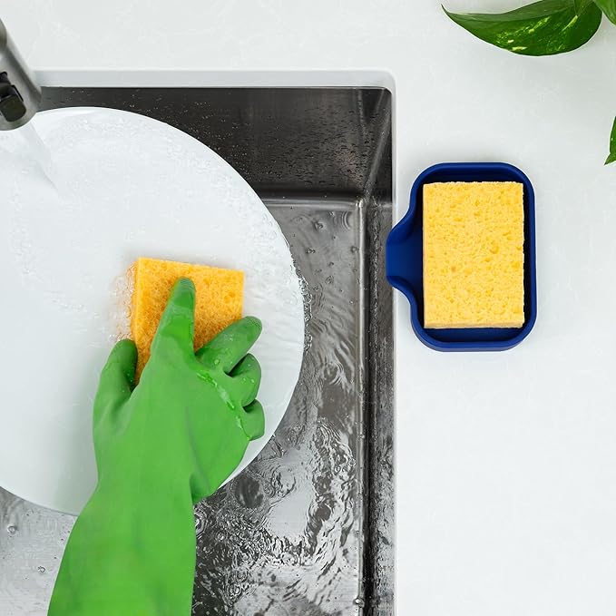 Zulay Kitchen Small Silicone Sponge Holder (4.9x3.3”) – Space-Saving Sink Organizer Tray for Sponge, Soap, Brush & More – Compact Non-Slip Dish for Kitchen & Bathroom (Dark Blue)